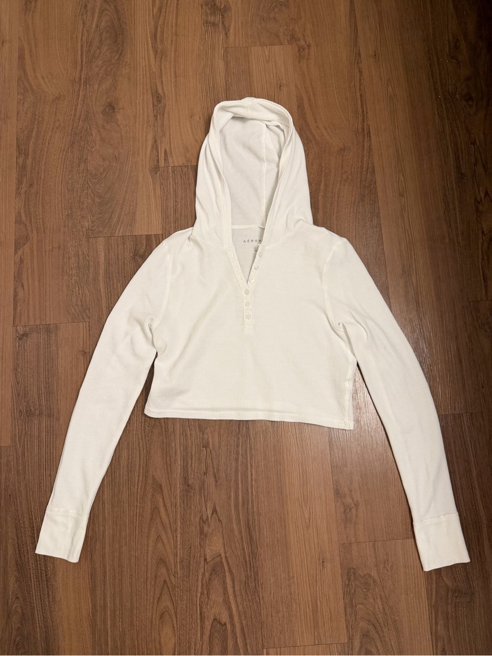 Aeropostale White Cropped Hooded Henley Top Waffle Knit